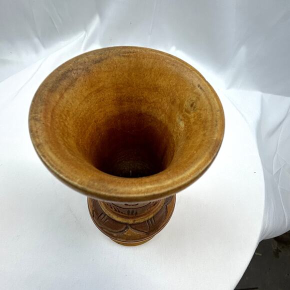Wood Vase Vintage Hand Carved handmade floral design art unused - Picture 5 of 10